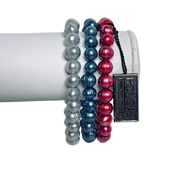 Honora Jewelry - Set Of 3 Honora Freshwater Pearl Bracelets Blue, Silver And Pink (5955)